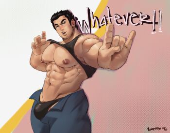 1boy abs artist_name bara bare_pectorals black_hair black_male_underwear black_tank_top blue_pants bulge clothes_lift english_text facial_hair highres large_pectorals lucas_lee male_focus male_underwear muscular muscular_male navel nipples nizzperoo open_mouth open_pants pants pectorals scott_pilgrim_(series) scott_pilgrim_takes_off short_hair solo tank_top thong underwear