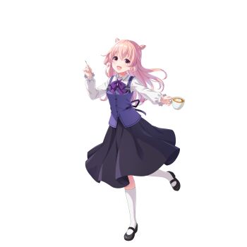 Rule 34 | 1girl, akazaki kokoro, collared shirt, cup, full body, gochuumon wa usagi desu ka?, holding, idoly pride, kneehighs, long skirt, mug, official art, open mouth, pink hair, shirt, skirt, socks, solo