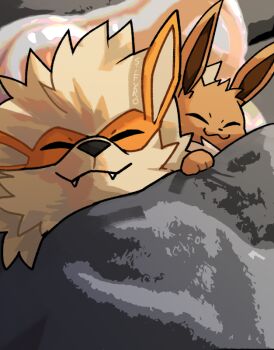 Rule 34 | animal, animal focus, arcanine, closed eyes, closed mouth, eevee, gen 1 pokemon, happy, nintendo, no humans, pokemon, pokemon (creature), sifyro, signature, sleeping, smile