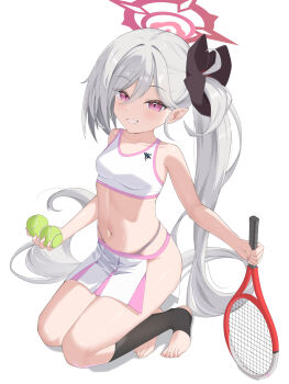 1girl absurdres alternate_costume ball bare_arms bare_shoulders black_shoes blue_archive blush breasts grey_hair grin halo highleg highleg_panties highres holding holding_ball holding_tennis_racket kneehighs kneeling long_hair mutsuki_(blue_archive) navel no_shoes panties pelvic_curtain pointy_ears purple_eyes qianran racket red_halo shoes side_ponytail smile socks solo sports_bra stirrup_legwear stomach tennis_racket toeless_legwear toes underwear white_sports_bra