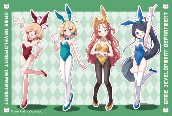 4girls ;d absurdly_long_hair alternate_costume animal_ear_hairband animal_ears argyle_background aris_(blue_archive) arm_behind_back arm_up armpits artist_request bare_legs bare_shoulders black_hair black_pantyhose blonde_hair blue_archive blue_bow blue_bowtie blue_eyes blue_hairband blue_halo blue_leotard blue_shoes blush bow bowtie breasts check_artist closed_mouth copyright_name cosplay covered_navel detached_collar dot_nose english_text fake_animal_ears fake_tail flat_chest forehead full_body game_development_department_(blue_archive) green_bow green_bowtie green_eyes green_hairband green_halo green_leotard green_shoes hair_bow hairband half-closed_eyes halo hand_on_own_hip hand_up high_heels highleg highleg_leotard highres index_finger_raised kyousuke_(orcein) leg_up leotard loli long_hair looking_at_viewer low_twintails midori_(blue_archive) momoi_(blue_archive) multiple_girls one_eye_closed one_side_up open_mouth oversized_breast_cup own_hands_together pantyhose parted_bangs pink_halo playboy_bunny pointing pointing_up rabbit_ears rabbit_tail rectangular_halo red_bow red_bowtie red_eyes red_hair red_hairband red_leotard red_shoes shoes short_hair siblings side_ponytail sidelocks sisters small_breasts smile split_mouth standing standing_on_one_leg strapless strapless_leotard tail thighhighs toki_(blue_archive) toki_(blue_archive)_(cosplay) toki_(bunny)_(blue_archive) twins twintails very_long_hair white_bow white_pantyhose white_thighhighs wrist_cuffs yellow_bow yellow_bowtie yellow_halo yellow_leotard yellow_shoes yuzu_(blue_archive) zettai_ryouiki