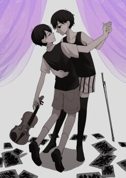 Rule 34 | 2boys, absurdres, antenna hair, black eyes, black hair, black shoes, black sweater vest, black tank top, black thighhighs, bow (music), brown shorts, closed eyes, closed mouth, collarbone, collared shirt, colored skin, commentary request, dancing, dual persona, highres, holding hands, instrument, loafers, looking at another, male focus, multiple boys, omori, omori (omori), parted lips, photo (object), rami 1300, shirt, shoes, short hair, shorts, socks, striped clothes, striped shorts, sunny (omori), sweater vest, tank top, thighhighs, vertical-striped clothes, vertical-striped shorts, violin, white shirt, white shorts, white skin, white socks