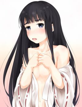 1girl :o bare_shoulders black_hair blue_eyes blush breasts collarbone commentary_request covering_breasts covering_privates embarrassed gradient_background hands_on_own_chest hands_up himegami_aisa japanese_clothes kosode long_hair long_sidelocks long_sleeves looking_at_viewer medium_breasts medium_eyebrows monochrome_background navel no_bra nose_blush open_mouth partial_commentary shin_(highest1192) sidelocks stomach toaru_majutsu_no_index toaru_majutsu_no_index:_old_testament underboob upper_body very_long_hair wide_sleeves