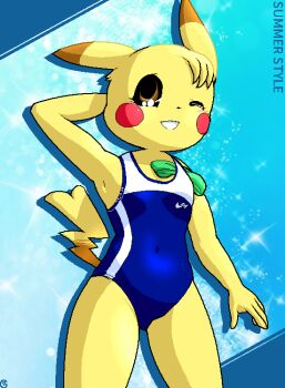 1girl animal animal_ears arm_behind_head arm_up blonde_hair blue_background blue_one-piece_swimsuit blush breasts brown_eyes competition_swimsuit furry g-sun gen_1_pokemon grin lightning_bolt_symbol mouse_(animal) mouse_girl nintendo one-piece_swimsuit one_eye_closed pikachu pikachu_ears pikachu_tail pokemon pokemon_(creature) pokemon_tail short_hair small_breasts smile sparkle sparkle_background standing summer swim_cap swimsuit tail teeth unworn_clothes unworn_swim_cap wink yellow_fur