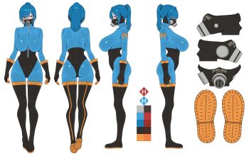 1girl absurdres ass black_boots black_gloves blu_pyro_(tf2) blue_bodysuit blue_eyes blue_hair bodysuit boots breasts color_guide commentary commission full_body genderswap genderswap_(otf) gloves gluteal_fold highres large_breasts latex latex_bodysuit latex_gloves latex_legwear long_hair looking_at_viewer mask multiple_views ponytail pyro_(tf2) reference_sheet respirator second-party_source simple_background solo team_fortress_2 thigh_boots thore_(nathalukpol) white_background