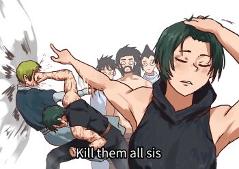 2girls 4boys adjusting_hair beard black_hair blonde_hair commentary english_commentary face_punch facial_hair hair_slicked_back hand_in_own_hair hand_on_own_head highres humiliation in_the_face jujutsu_kaisen meme multiple_boys multiple_girls multiple_scars muscular muscular_female naoya_hitting_choso_without_looking_(meme) parody pluvion pointing punching role_reversal scar scar_on_arm scars_all_over tank_top too_many zen'in_jinichi zen'in_mai zen'in_maki zen'in_naoya zen'in_ranta