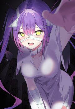Rule 34 | 1girl, absurdres, bandaged arm, bandaged head, bandages, breasts, cleavage, collar, demon tail, dress, fangs, foreshortening, gradient hair, graveyard, green eyes, hair ornament, hairclip, halloween costume, highres, hololive, leaning forward, long hair, looking at viewer, medium breasts, multicolored hair, open mouth, outstretched arm, pink hair, purple hair, reaching, reaching towards viewer, side slit, sotoba, tachibana shiro, tail, tokoyami towa, torn clothes, torn dress, twintails, very long hair, virtual youtuber, white collar, white dress