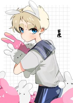 1boy animal_ears blonde_hair blue_eyes blush character_request fake_animal_ears grid_background highres holding holding_stuffed_toy jupter_mon looking_at_viewer looking_back male_focus original rabbit_ears sailor_collar shirt short_hair short_sleeves solo stuffed_animal stuffed_rabbit stuffed_toy thick_eyebrows white_background white_shirt