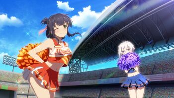 2girls ahoge arms_behind_back audience black_hair blue_skirt blue_sky blue_tank_top blush cheerleader closed_mouth cloud cowboy_shot crop_top day game_cg green_eyes hair_between_eyes hair_ornament hair_ribbon hairclip hands_up holding holding_pom_poms itomi_sayaka leaning_forward lens_flare looking_at_viewer midriff multiple_girls official_art one_eye_closed orange_skirt orange_tank_top outdoors pink_ribbon pom_pom_(cheerleading) pom_poms purple_eyes ribbon short_hair sidelocks skirt sky smile sparkle stadium tank_top toji_no_miko toji_no_miko:_kizamishi_issen_no_tomoshibi white_hair yanase_mai