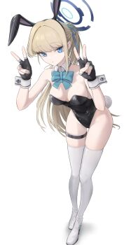 1girl absurdres alternate_color alternate_hairstyle animal_ears black_gloves black_leotard blue_archive blue_bow blue_bowtie blue_eyes bow bowtie braid breasts detached_collar double_v fake_animal_ears fingerless_gloves full_body gloves halo high_ponytail highleg highleg_leotard highres leotard looking_at_viewer medium_breasts mildt playboy_bunny ponytail rabbit_ears rabbit_tail simple_background solo tail thigh_strap thighhighs thighs tiles toki_(blue_archive) toki_(bunny)_(blue_archive) v white_background white_thighhighs wrist_cuffs