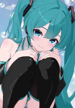 absurdres aqua_eyes aqua_hair aqua_trim bare_shoulders black_sleeves black_thighhighs blue_background bubble commentary_request detached_sleeves dot_nose feathers futatunoniji grey_shirt hair_between_eyes hair_intakes hair_ornament hands_on_own_knees hatsune_miku headset highres light_blush long_hair looking_at_viewer panties shirt shoulder_blush skindentation sleeveless sleeveless_shirt smile squatting striped_clothes striped_panties thighhighs twintails underwear very_long_hair vocaloid