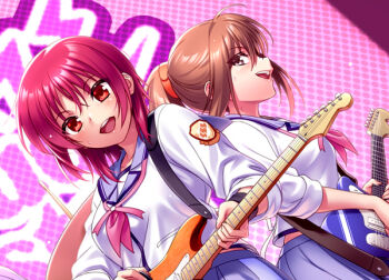 Rule 34 | 2girls, :d, acoustic guitar, ahoge, angel beats!, blue skirt, blush, brown eyes, brown hair, commentary request, cowboy shot, dutch angle, floating hair, guitar, hair between eyes, hisako (angel beats!), holding, holding guitar, holding instrument, instrument, iwasawa masami, long hair, long sleeves, looking at viewer, medium hair, multiple girls, music, neckerchief, open mouth, pink neckerchief, playing guitar, playing instrument, pleated skirt, ponytail, profile, red eyes, red hair, shinda sekai sensen uniform, shirt, sidelocks, skirt, smile, sweatdrop, teeth, upper teeth only, white shirt, zen (kamuro)