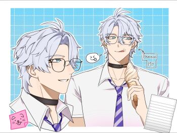 Rule 34 | 1boy, alternate costume, antenna hair, black choker, blue eyes, choker, chrysos heirs school uniform, collared shirt, commentary, highres, holding, holding ice cream cone, honkai: star rail, honkai (series), ice cream cone, male focus, multiple views, necktie, phainon (honkai: star rail), purple necktie, school uniform, shirt, short hair, spoken expression, striped clothes, striped necktie, symbol-only commentary, tongue, tongue out, white hair, white shirt, wish 0812