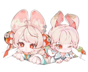 2girls ahoge alice_thymefield alternate_hair_color animal_ear_fluff animal_ear_piercing animal_ears character_request check_character cheek_poking chinese_commentary closed_mouth commentary_request hair_ornament highres long_hair multiple_girls one_eye_closed parted_lips pink_hair poking rabbit_ears rabbit_girl red_eyes simple_background sphere_hair_ornament twintails white_background xiabeizi_bu_shangban zenless_zone_zero zhao_(zenless_zone_zero)