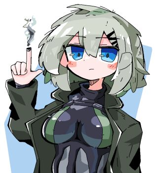 Rule 34 | 1girl, :/, black bodysuit, blue eyes, blush, bodysuit, bodysuit under clothes, breasts, closed mouth, coat, commentary, cyborg, diamond-shaped pupils, diamond (shape), finger cannon, green hair, gun, hair between eyes, hatching (texture), jaggy lines, linear hatching, marie (peripeteia), medium breasts, medium hair, open clothes, open coat, peripeteia, pointing, pointing up, smoke, smoking barrel, solo, symbol-shaped pupils, trench coat, tsurime, turtleneck, turtleneck bodysuit, two-tone background, upper body, vinni puh, weapon, white background, yellow background