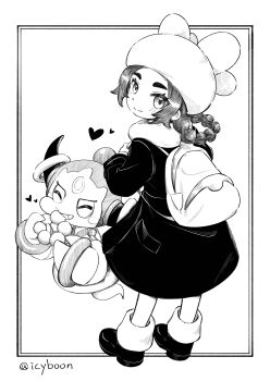 1girl absurdres ansha_(pokemon) black_coat black_shoes braid braided_hair_rings closed_mouth coat dofus_(icyboon) donut eating food gen_6_pokemon hair_rings hat heart highres holding_strap hoopa legendary_pokemon looking_at_viewer looking_back monochrome mythical_pokemon nintendo pokemon pokemon_legends:_z-a pon_de_ring shoes smile white_bag white_hat