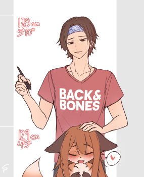 animal_ears artist_self-insert blue_headband blush brown_hair closed_eyes collarbone fang fox_ears fox_tail furry furry_female headband headpat heart height height_difference highres holding holding_stylus long_hair looking_down miyako_(spells_x) open_mouth original parted_lips red_shirt shirt short_hair skin_fang smirk speech_bubble spells_x spoken_heart stylus tail