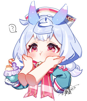 Rule 34 | 1girl, :t, ?, animal ears, blue hair, blush, bow, bowtie, close-up, commentary request, cowlick, disembodied hand, genshin impact, hat, highres, low twintails, meda cha, medium hair, nurse cap, pink bow, pink bowtie, pink eyes, pom pom (clothes), sigewinne (genshin impact), solo focus, speech bubble, spoken question mark, twintails, white hat