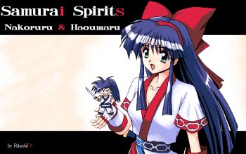 Rule 34 | 1boy, 1girl, ainu clothes, artist name, bad id, black hair, bow, breasts, character name, chibi, copyright name, fingerless gloves, gloves, green eyes, hair bow, hair ribbon, hairband, hand up, haoumaru, holding, holding sword, holding weapon, in palm, japanese clothes, katana, long hair, long sidelocks, looking at another, looking at viewer, medium breasts, nakoruru, open mouth, pc-98 (style), pc98, rakushii j, red bow, red hairband, ribbon, samurai spirits, short sleeves, sidelocks, smile, snk, sword, the king of fighters, upper body, weapon, white gloves