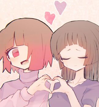 2girls :d aliza_(horrortale) alternate_universe bete_noire blunt_bangs blunt_ends blush breasts brown_hair chromatic_aberration closed_eyes closed_mouth collarbone commentary_request deeeeeeen114514 dress glitchtale gradient_hair heart heart_hands heart_hands_duo highres horrortale long_hair long_sleeves looking_at_viewer lower_teeth_only multicolored_hair multiple_girls open_mouth orange_background outline pink_eyes pink_hair pink_sweater puffy_long_sleeves puffy_short_sleeves puffy_sleeves purple_dress purple_sweater raised_eyebrows short_bangs short_hair short_sleeves simple_background small_breasts smile straight_hair sweatdrop sweater teeth tongue turtleneck turtleneck_sweater two-tone_hair two-tone_sweater u_u undertale upper_body utdr_(toby_fox) white_outline