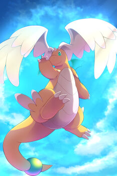 blue_sky claws colored_skin day dragonite feathered_wings gen_1_pokemon green_eyes head_wings highres horns looking_at_viewer mega_dragonite mega_evolution nintendo no_humans orange_skin outdoors pokemon pokemon_(creature) rumine_(yoshi1234567) single_horn sky solo tail white_wings wings