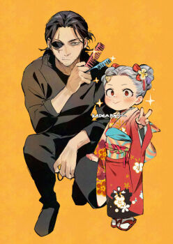 1boy 1girl aizawa_shota artist_name beard_stubble black_hair black_pants black_shirt black_shoes boku_no_hero_academia child comb commentary eri_(boku_no_hero_academia) eyepatch facial_hair full_body grey_hair hair_ornament hair_tie holding holding_comb holding_hair_tie horns japanese_clothes kadeart kimono looking_at_viewer mustache_stubble obi orange_background pants red_eyes red_kimono sandals sash scar scar_on_face shirt shoes short_hair signature single_horn sparkle squatting stubble symbol-only_commentary updo v zouri