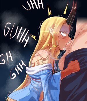 1boy 1girl absurdres arm_tattoo black_horns black_panties blonde_hair blue_kimono blush colored_extremities commission cowboy_shot deepthroat english_text erection fate/grand_order fate_(series) fellatio girthy_penis gradient_background hectaryecgaa hetero highres horns huge_penis ibaraki_douji_(fate) japanese_clothes kimono large_insertion long_hair off_shoulder oral panties penis pointy_ears rolling_eyes saliva sitting tattoo underwear very_long_hair wariza wide_sleeves yellow_eyes
