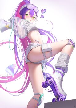 Rule 34 | 1girl, absurdres, ass, blush, commentary request, demon girl, ear piercing, eyewear on head, from below, green eyes, heart, heart tattoo, highres, holding, holding megaphone, hololive, leg warmers, long hair, long sleeves, looking at viewer, megaphone, midriff, multicolored hair, official alternate costume, open mouth, piercing, pink hair, ponytail, puffy sleeves, purple hair, ramuneru, shorts, simple background, solo, stomach tattoo, tattoo, tokoyami towa, tokoyami towa (cyberpunk), virtual youtuber, white leg warmers, white shorts