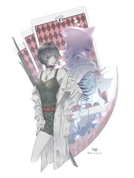 Rule 34 | 1girl, ahoge, bare shoulders, belt, black delmo, black hair, blue flower, blunt bangs, breasts, brown belt, brown eyes, cleavage, coat, coat partially removed, cowboy shot, death (entity), dress, flower, highres, hood, hood up, jewelry, lab coat, medium breasts, necklace, persona, persona 5, ribs, ryokuyuu, scythe, short dress, short hair, skeleton, studded choker, takemi tae, the signless, twitter username, white background, white coat