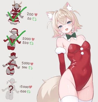 1girl alternate_costume animal_ear_fluff animal_ears blonde_hair commentary dog_ears dog_girl dog_tail elbow_gloves english_commentary fang fur-trimmed_gloves fur_trim gloves highres hololive hololive_english leotard looking_at_viewer mococo_abyssgard multicolored_hair open_mouth pink_streaks red_gloves red_leotard ri_nyahn short_hair skin_fang smile solo streaked_hair tail thighhighs two_side_up virtual_youtuber white_thighhighs