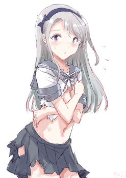 Rule 34 | 1girl, breasts, commentary request, covering breasts, covering privates, cowboy shot, fuji (pixiv24804665), grey hair, grey sailor collar, grey skirt, hairband, highres, kantai collection, long hair, navel, neckerchief, pleated skirt, purple eyes, purple hairband, purple neckerchief, sagiri (kancolle), sailor collar, school uniform, serafuku, shirt, simple background, skirt, small breasts, solo, swept bangs, torn clothes, white background, white shirt
