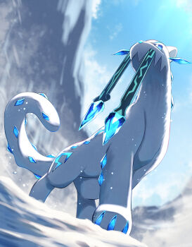 blue_eyes blurry blurry_background bright_pupils chien-pao cloud commentary_request day from_below highres nintendo no_humans outdoors pokemon pokemon_(creature) pokemon_focus rumine_(yoshi1234567) sky snow solo standing tusks white_pupils