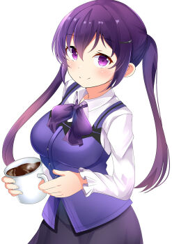1girl aru_(arudes) black_skirt bow bowtie breasts coffee_mug collared_shirt commentary_request cup gochuumon_wa_usagi_desu_ka? hair_between_eyes hair_ornament hairclip highres holding holding_cup long_hair long_sleeves looking_at_viewer medium_breasts mug purple_bow purple_bowtie purple_eyes purple_hair purple_vest rabbit_house_uniform shirt simple_background skirt smile solo tedeza_rize twintails vest white_background white_shirt