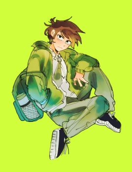 Rule 34 | 1boy, alternate costume, animification, backpack, bag, black eyes, black shoes, brown hair, commentary, edd (eddsworld), eddsworld, english commentary, full body, green background, green jacket, green necktie, green pants, green theme, highres, hood, hood down, hooded jacket, jacket, looking at viewer, necktie, open clothes, open jacket, pants, peluituap, shirt, shoes, short hair, simple background, sneakers, solo, white shirt