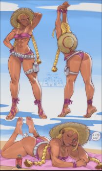 1girl abs arched_back armpits arms_up ass barefoot beach beach_mat belt biceps bikini blonde_hair blue_eyes bracelet braid breasts cammy_white cat eymbee from_behind front-tie_bikini_top front-tie_top hakan hat hat_on_back highres jewelry leaning_forward looking_at_viewer looking_to_the_side loose_belt lotion low_twin_braids lying medium_breasts navel necklace official_alternate_costume on_stomach pink_bikini pouch sandals scar scar_on_face shaded_face side-tie_bikini_bottom solo standing stomach strapless strapless_bikini straw_hat street_fighter street_fighter_6 sunscreen swimsuit tan tanline the_pose thigh_pouch thigh_strap thighs tiptoes twin_braids