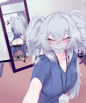 1girl absurdres alternate_costume artist_name ass blue_eyes blue_pants blue_shirt blush cellphone commentary commission english_commentary florence_(girls'_frontline_2) girls'_frontline girls'_frontline_2:_exilium heart heart-shaped_pupils highres holding holding_phone indoors long_hair mask mirror mouth_mask nurse pa-15_(girls'_frontline) panties pants phone reflection selfie shinyozura shirt shoes sitting smartphone stool surgical_mask sweat symbol-shaped_pupils two_side_up underwear white_panties white_shoes