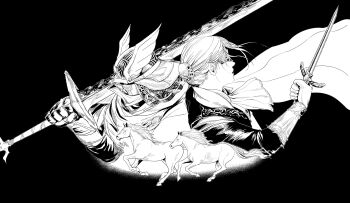 1boy 1girl animal ascot brooch brother_and_sister cape commentary_request covered_eyes dagger duchess elden_ring elden_ring_nightreign eye_mask gauntlets gloves greyscale helmet hermitsghost highres holding holding_dagger holding_knife holding_sword holding_weapon horse jacket jewelry knife mask monochrome over_shoulder scarf siblings simple_background sword upper_body weapon weapon_over_shoulder winged_helmet wylder_(elden_ring)