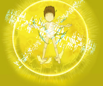 1girl absurdres barefoot biomerge breasts closed_eyes completely_nude digimon digimon_tamers embarrassed energy floating floating_hair full_body hair_down henshin highres katou_juri loli medium_hair navel nude outstretched_arms pussy small_breasts soles solo torn_clothes transformation xamu