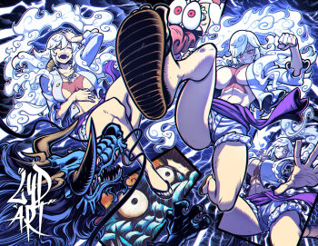 1girl alternate_form breasts bulging_eyes cloud dragon eastern_dragon flip-flops gear_fifth genderswap genderswap_(mtf) grin highres kaidou_(one_piece) large_breasts laughing lightning long_hair looking_at_another luffyko lydart_mclo monkey_d._luffy non-web_source one_piece sandals scar scar_on_chest shirt shorts smile spoilers steam tongue tongue_out white_hair white_shirt white_shorts