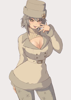 1girl absurdres breasts cleavage cleavage_cutout clothing_cutout commentary grey_hair grey_hat grey_jacket grey_pantyhose grey_sweater hat highres indie_virtual_youtuber jacket large_breasts looking_at_viewer meibin open_mouth pantyhose snow_print sweater tongue tongue_out virgin_killer_sweater virtual_youtuber white_background yellow_eyes zentreya zentreya_(cyborg) zentreya_(jolly_zen)