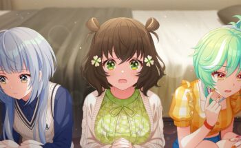 Rule 34 | + +, 3girls, akiru kamira, blue hair, blurry, blurry background, brown hair, collarbone, commentary request, crossed arms, dress, flower, game cg, green eyes, hair flower, hair ornament, highres, indoors, jacket, long hair, long sleeves, multiple girls, nail polish, official art, open mouth, ribbed sweater, ribbon, senju iroha, shiromaru mito, shirt, short hair, sweater, tears, third-party source, white flower, world dai star, yellow dress, yellow eyes, yellow shirt