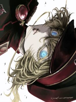 1girl artist_name black_hat blonde_hair blue_eyes brown_hat closed_mouth commentary_request expressionless gem green_jacket hair_between_eyes hat highres jacket looking_at_viewer military_uniform short_hair simple_background solo tanya_degurechaff wanuwanu_panic white_background youjo_senki