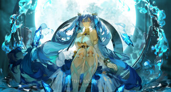 1girl absurdres ahoge armlet bare_shoulders blue_eyes blue_hair breasts commentary english_text gold_bra highres iuno_(wuthering_waves) jewelry large_breasts leg_wrap lewdlily66 long_hair looking_at_viewer sitting solo twintails very_long_hair wuthering_waves
