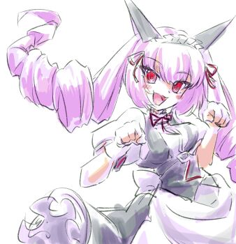 1girl akiha_rumiho animal_ears cat_ears commentary_request drill_hair highres long_hair looking_at_viewer maid maid_headdress mayqueen_maid_uniform open_mouth paw_pose pink_eyes pink_hair sadarann science_adventure simple_background smile solo steins;gate twin_drills twintails white_background