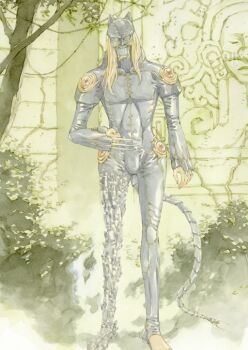 1boy arm_at_side asymmetrical_legwear blonde_hair bodysuit cat_mask claw_(weapon) clenched_hand covered_face exoskeleton expressionless fate/grand_order fate_(series) full_body game_cg grey_bodysuit grey_mask hand_up high_collar long_hair male_focus mask official_art sho-u_tajima single_bare_foot solo standing tezcatlipoca_(fate) tezcatlipoca_(second_ascension)_(fate) third-party_source variant_set weapon