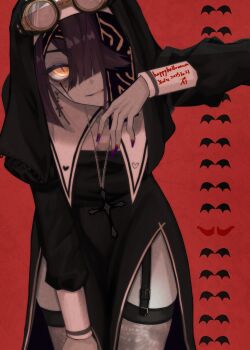 1girl absurdres black_dress black_hair breast_curtains breasts brown_eyes cleavage_cutout clothing_cutout cross cross_earrings cross_necklace dress earrings fate/grand_order fate_(series) garter_straps grey_thighhighs hair_over_one_eye highres jewelry leaning_forward long_sleeves looking_at_viewer mole mole_under_eye necklace nun short_hair slit_pupils small_breasts smile solo thighhighs traditional_nun tsukaasa xu_fu_(fate)