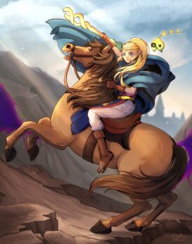 Rule 34 | 1girl, blonde hair, boots, brown gloves, chaendeulleo, circlet, cloak, fine art parody, gloves, gold circlet, highres, horse, horseback riding, mage staff, napoleon crossing the alps, nintendo, parody, pointy ears, ponytail, princess zelda, rearing, reins, riding, riding animal, saddle, staff, the legend of zelda, the legend of zelda: echoes of wisdom, tri (zelda), tri rod