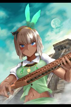 1girl aasamu absurdres architecture asatsuki_(cookie) aztec black_ribbon blue_eyes blue_sky breasts buttons closed_mouth collared_shirt commentary_request cookie_(touhou) dark-skinned_female dark_skin day expressionless facepaint feather_hair_ornament feathers full_moon glint gold_hairband green_skirt green_vest hair_ornament hair_ribbon hairband highres holding holding_sword holding_weapon konpaku_youmu letterboxed looking_at_viewer macuahuitl mayan medium_breasts mesoamerican_architecture midriff moon navel platinum_blonde_hair pyramid_(structure) ribbon shirt short_hair skirt sky solo sword temple touhou upper_body vest weapon white_shirt