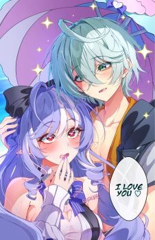 bow green_eyes grey_hair hair_bow heart heart-shaped_pupils highres jacket midori_(midori13579) multicolored_hair open_clothes open_jacket purple_hair purple_nails red_eyes swimsuit symbol-shaped_pupils two-tone_hair umbrella vivian_banshee vivian_banshee_(iris_of_the_shore) white_hair wise_(peaceful_waves)_(zenless_zone_zero) wise_(zenless_zone_zero) zenless_zone_zero