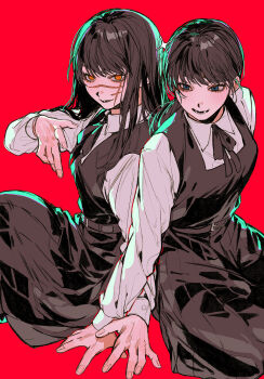 2girls black_dress black_hair black_ribbon chainsaw_man collared_shirt commentary_request dress facial_scar fourth_east_high_school_uniform grey_eyes highres ikaooi1 long_hair long_sleeves mitaka_asa multiple_girls neck_ribbon pinafore_dress red_background ribbon scar scar_on_cheek scar_on_face scar_on_nose school_uniform shirt simple_background sleeveless sleeveless_dress white_shirt yellow_eyes yoru_(chainsaw_man)